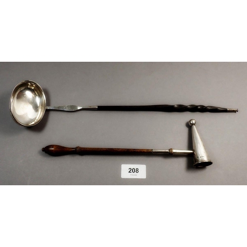 208 - A Georgian silver wine ladle with horn handle, unmarked and a silver and wood candle snuffer