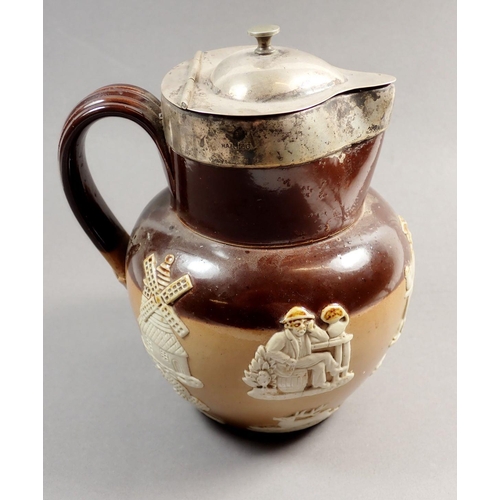 218 - A Royal Doulton hunting jug with silver lid and rim, 18cm tall