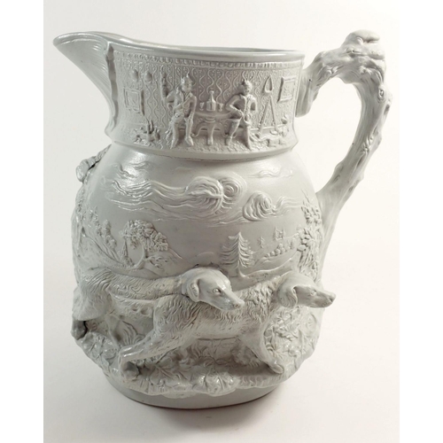 22 - A large Masons press moulded jug with dogs in high relief, 24cm tall 'To Ho' imprinted and painted m... 