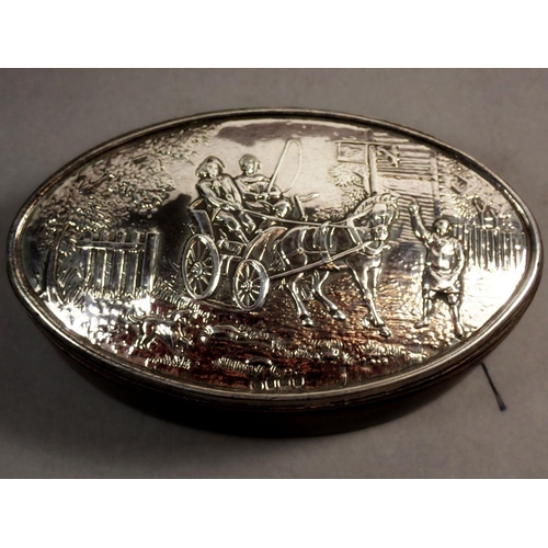 238 - A silver-topped oval wooden trinket box, 
embossed rural scene with horse and cart, Birmingham 1990,... 