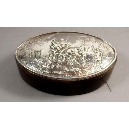 238 - A silver-topped oval wooden trinket box, 
embossed rural scene with horse and cart, Birmingham 1990,... 