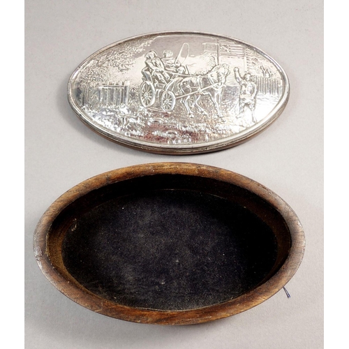 238 - A silver-topped oval wooden trinket box, 
embossed rural scene with horse and cart, Birmingham 1990,... 