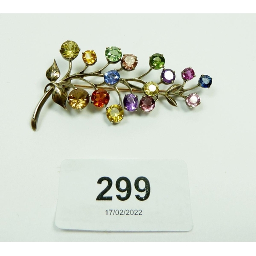 299 - A bespoke white metal multi-gem set floral spray brooch, approx 6cm length, 9.5g (together with a pa... 
