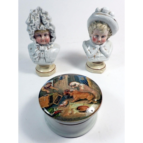 35 - A Victorian Pratt ware pot and lid 'Both Alike' of two dogs and rabbit and a pair of Victorian busts... 
