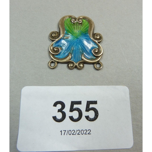 355 - An Art Nouveau silver and enamel pendant (a/f) hallmarked for Birmingham and stamped K & Co, 2cm len... 