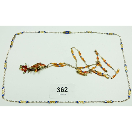 362 - Two oriental silver enamel necklaces, one with an articulated fish