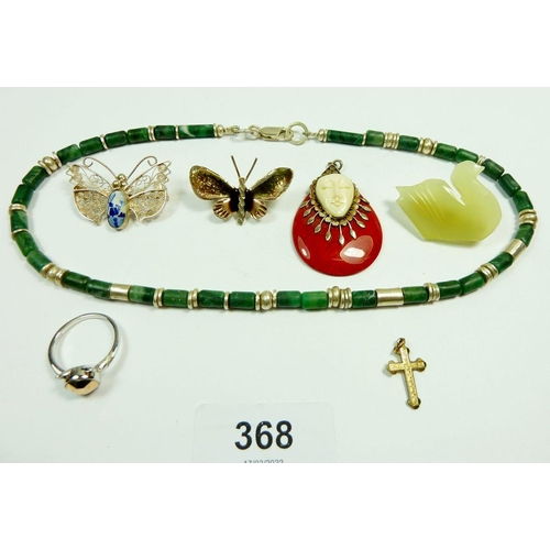 368 - An assortment of silver and costume jewellery including a silver filigree butterfly brooch, stamped ... 