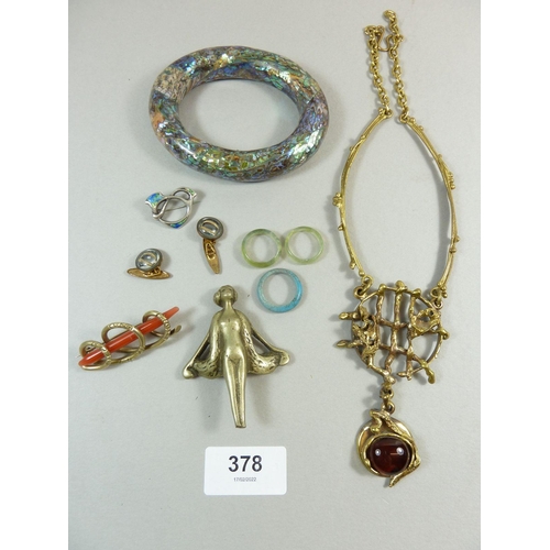 378 - A box of costume jewellery including an Art Nouveau enamel brooch, a pair of Essex Crystal style cuf... 