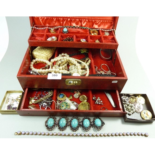 380 - Antique and later costume and silver jewellery in leather case to include a flower form red glass ne... 