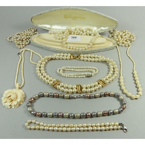 388 - A collection of jewellery to include two pearl necklaces, five imitation pearl necklaces including a... 