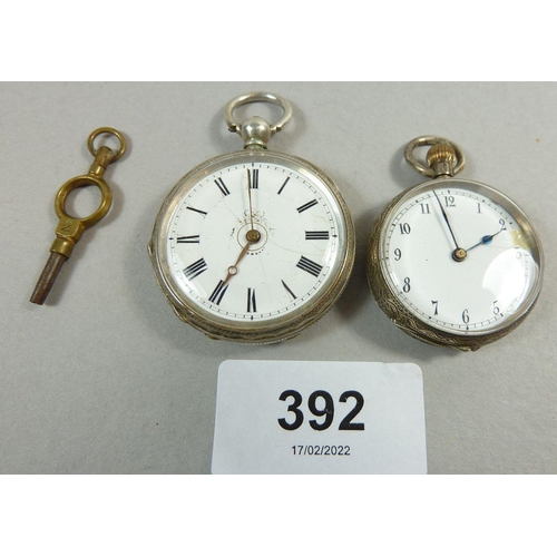 392 - A continental 800 standard silver fob watch with key and another silver fob watch stamped 935