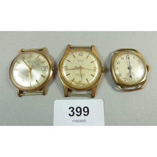 399 - A vintage 9 carat gold Rotary gentlemans wrist watch and two other gold plated wrist watches