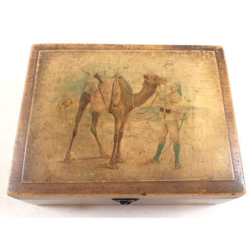 444 - A wooden WWI cigarette box painted camel and solider for the camel regiment and a metal cigarette bo... 