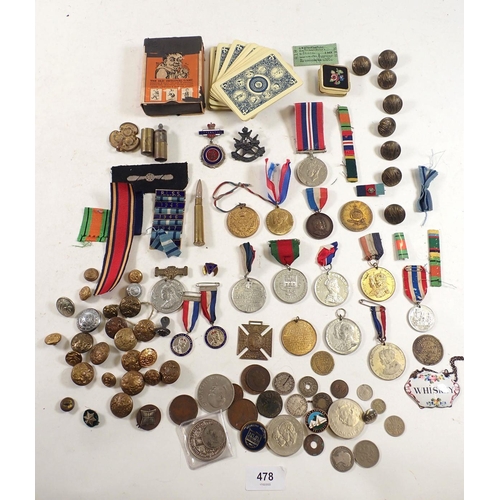 478 - A box of medals, badges and buttons