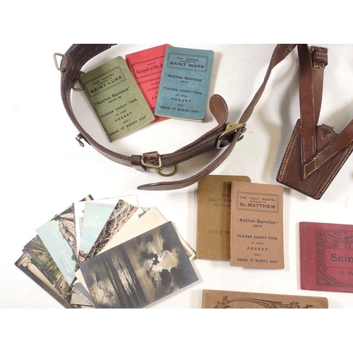 480 - A mixed box of WWI collectables including belt, whistle, Ypres postcards, prayer book etc