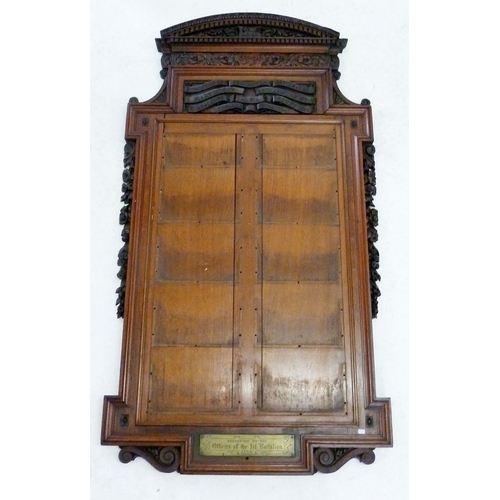 485 - A large officers carved mahogany notice board with brass plaque 'Presented by the Officers of the 1s... 