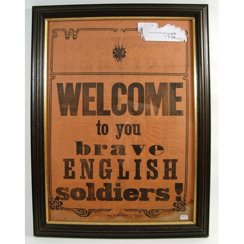 488 - A WWI French poster 'Welcome to your brave English soldiers' published by V Bouviers - Loos',  40 x ... 