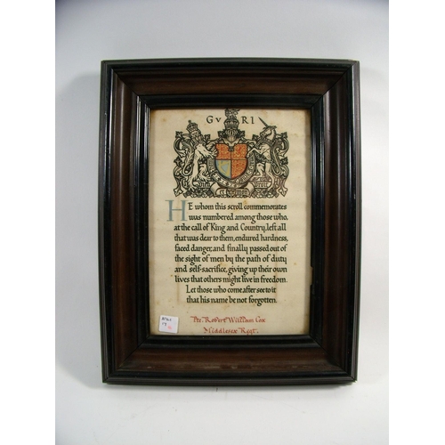 489 - A WWI memorial scroll, 23 x 16cm