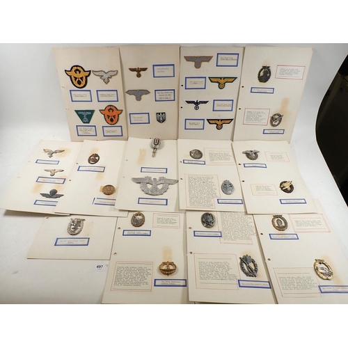 497 - A folder of German WWII Nazi cap badges and other badges, mounted on card and taped to reverse.  Inc... 