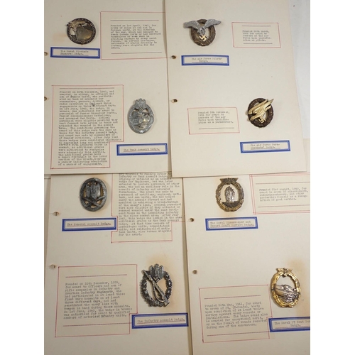 497 - A folder of German WWII Nazi cap badges and other badges, mounted on card and taped to reverse.  Inc... 