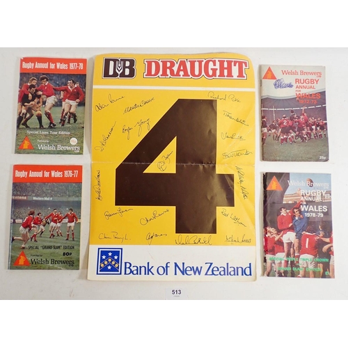 513 - Four Welsh Rugby programmes circa 1970's and a New Zealand Bank poster signed by cricket team circa ... 