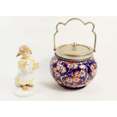 64 - A Royal Doulton figure 'What's the Matter' 14cm high and an Imari style biscuit barrel