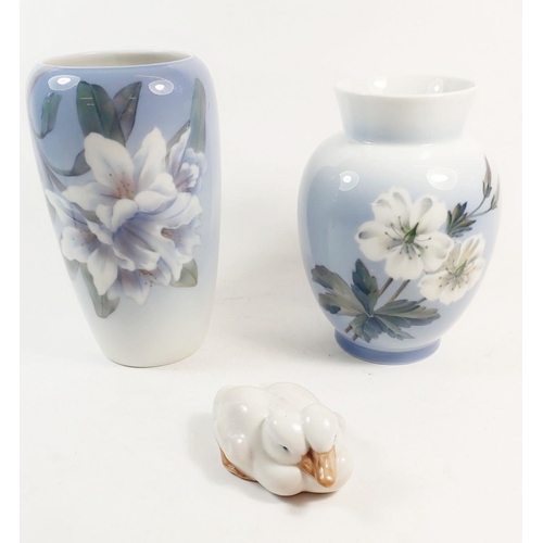 66 - Two Copenhagen vases painted flowers and a pair of ducklings, tallest 19cm