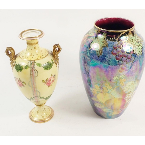 68 - A lustre vase, 18cm high and a Royal Crown Derby yellow vase painted flowers, 17cm high