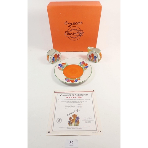 80 - A Bradford limited edition Clarice Cliff 'Tea for Two' set comprising jug, sugar and plate, printed ... 