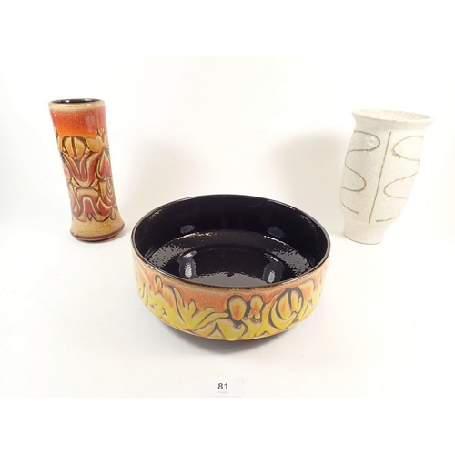 81 - A Poole pottery Agean vase, 21cm and a similar bowl plus a studio pottery vase