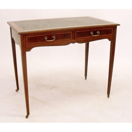 926 - An Edwardian mahogany writing table with inlay to frieze and two frieze drawers, 92 x 56 x 76cm