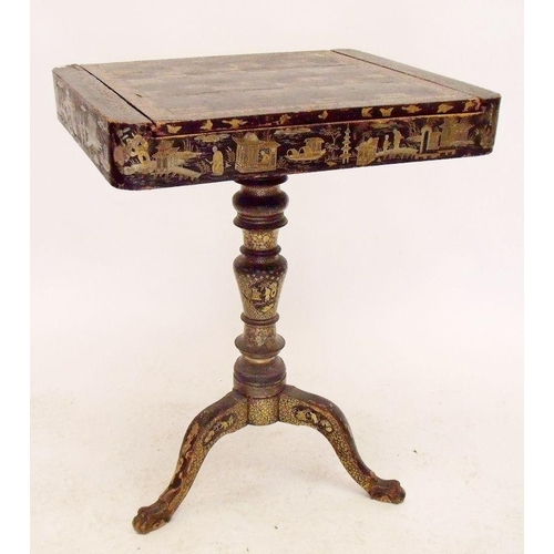 936 - A 19th century Chinese export black and gilt lacquer games table with removable chess board top and ... 