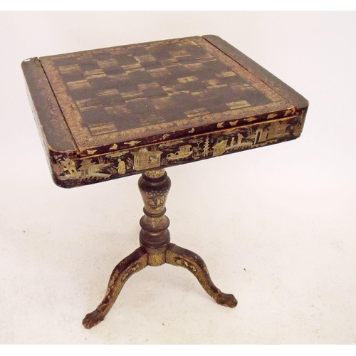 936 - A 19th century Chinese export black and gilt lacquer games table with removable chess board top and ... 