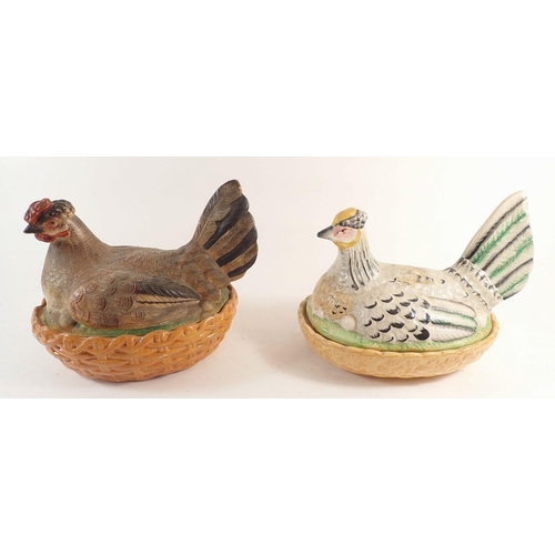 94 - Two Victorian chicken on a basket egg holders, approx 23cm wide