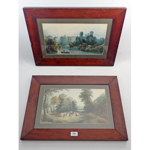 940 - A pair of early 19th century watercolours - travellers in a pastoral landscape and a castle and rive... 