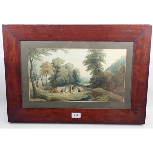 940 - A pair of early 19th century watercolours - travellers in a pastoral landscape and a castle and rive... 