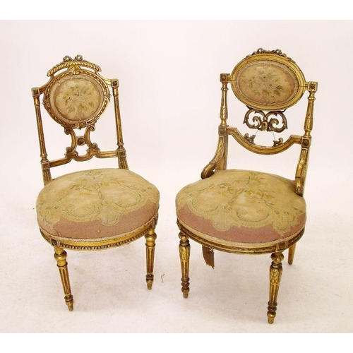 942 - Two French 19th century gilt framed salon chairs with petit point upholstery, 82cm high