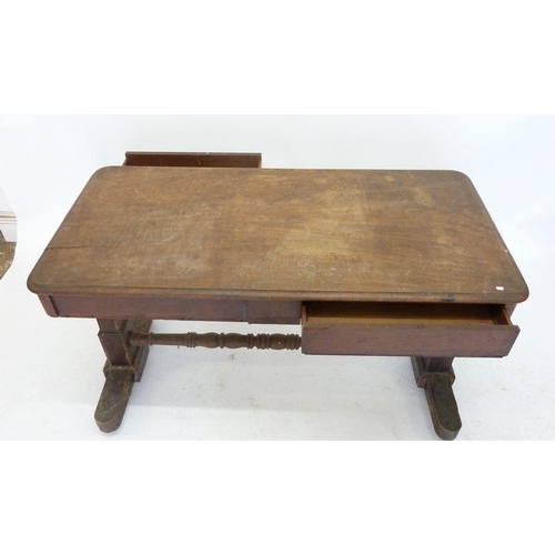 944 - A Victorian mahogany library table with end supports and turned stretcher, 122 x 60cm