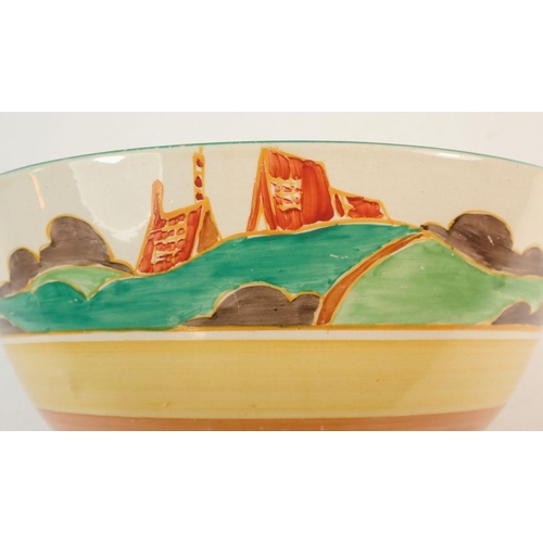 97 - A Clarice Cliff Bizarre fruit bowl, painted landscape and house in the Secrets pattern, 20cm diamete... 