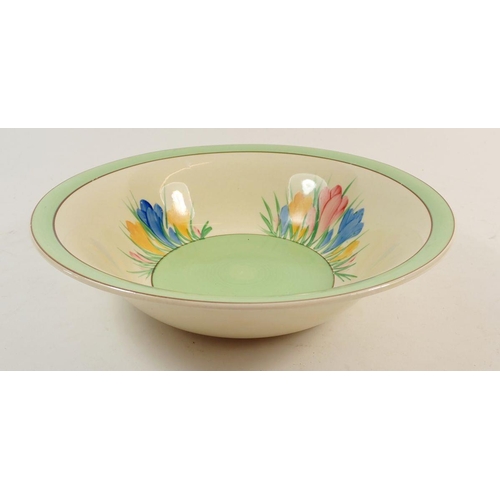 98 - A Clarice Cliff Newport pottery fruit bowl painted in the Crocus Pattern with green banded border, 2... 