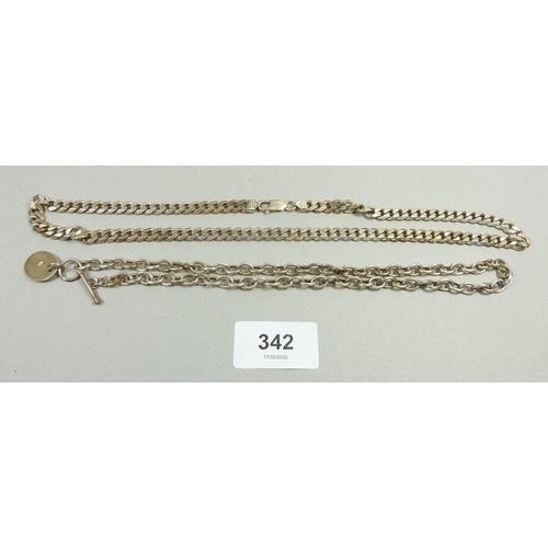 342 - A silver flat curb necklace together with another silver necklace, combined weight 83g