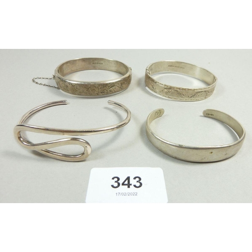 343 - Two vintage silver bracelets, Birmingham 1966 and 1972 plus two silver cuff bracelets, one stamped M... 