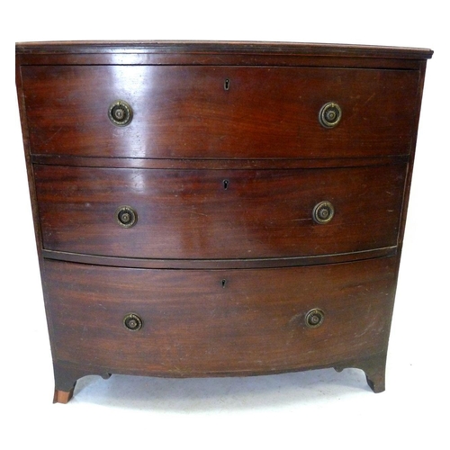 1258 - A 19th century bow fronted chest of three drawers, 92cm wide