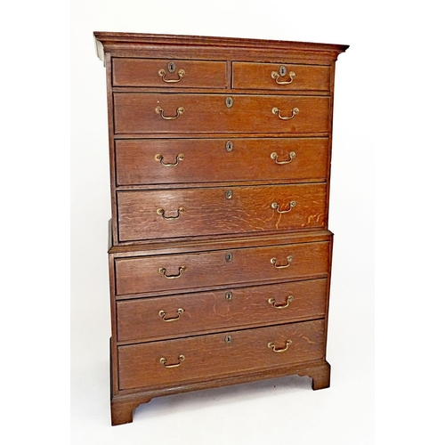 1264 - A George III oak chest on chest with brass handles, 55 deep x 165cm tall