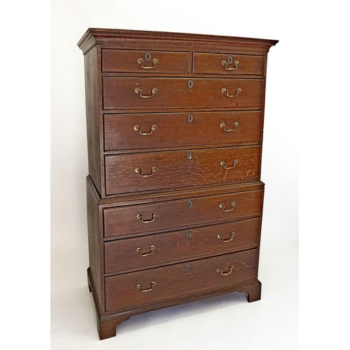 1264 - A George III oak chest on chest with brass handles, 55 deep x 165cm tall