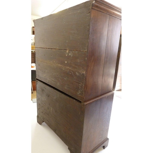 1264 - A George III oak chest on chest with brass handles, 55 deep x 165cm tall