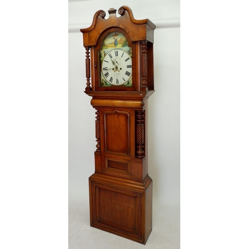 1272 - A Victorian mahogany longcase clock with swan neck pediment over carved wrythen spiral supports flan... 