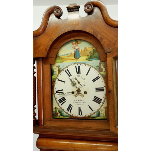 1272 - A Victorian mahogany longcase clock with swan neck pediment over carved wrythen spiral supports flan... 