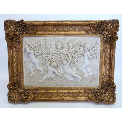 1280 - A very large Parian style panel picture depicting cherubs in heavy gilt frame, 94 x 102cm