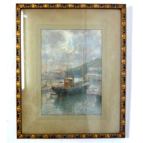 1286 - A pastel harbour scene signed Burns, 34 x 24cm